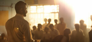 homem de pé em uma sala pequena falando para pessoas sentadas olhando para ele.